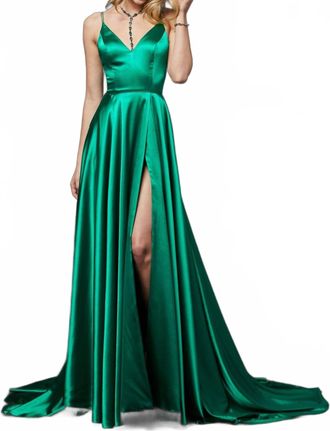 Sherri Hill V-Neck Silk Gown In Emerald
