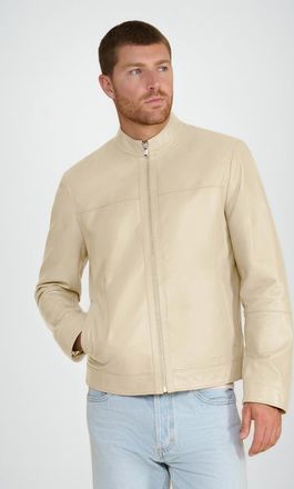 FURNIQ Otis Racer Leather Jacket in Beige at Nordstrom, Size Xx-Large