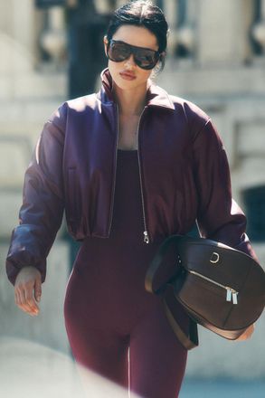 Alo | Faux Leather Cropped Premier Bomber Jacket in Burgundy Red, Size: Large