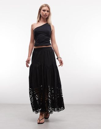 AllSaints Femi - Gonna midi nera con cut-out e foglie-Nero