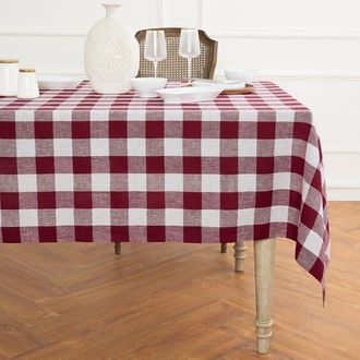 Solino Home Linen Tablecloth for Dining Table, Holiday and Everyday Dining Table Decor - Buffalo Check in Burgundy And White at Nordstrom, Size Medium