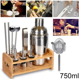 Trade Shop Trade Shop - Kit Para Coctelero Barman Bartender Shaker Steel Mezclador De Acero 750ml Soporte De Madera