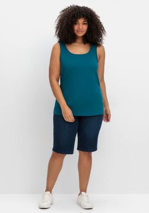 Sheego Tanktop SHEEGO, Damen, Gr. 44, blau (dunkelpetrol), 100% Baumwolle, unifarben, Rundhals, Tops Tanktop