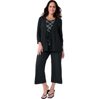 Jessica London Everyday Stretch Knit Wide Leg Crop Pant in Black Bias Stripe at Nordstrom, Size 24
