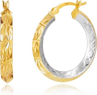 MAX + STONE 14K Yellow Gold Plated 25mm Inside Out Two Tone Diamond Cut Finish Hoop Earrings