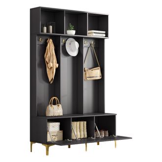 STILVORA Mueble De Entrada Con Banco, Almacenamiento Abierto, 6 Ganchos Dorados Y Zapatero, En Tablero De Particulas 120x23.5x191.5 Cm