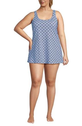 Lands End Plus Size Scoop Neck Mini Swim Dress Swimsuit in Navy/cobalt Mosaic Geo Border at Nordstrom, Size 2X