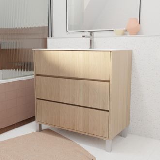 Aurlane Pack Mueble De Ba&ntilde;o 80 Cm Roble Claro 3 Cajones Con Lavabo De Cer&aacute;mica