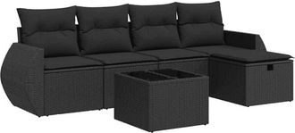 vidaXL Set De Sof&aacute;s De Jard&iacute;n 6 Piezas Y Cojines Rat&aacute;n Sint&eacute;tico Negro Vidaxl