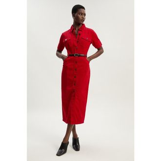 Karen Millen Petite Denim Short Sleeve Shirt Dress in Red at Nordstrom, Size 8P