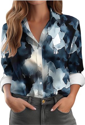 Generic Long Sleeve Tops for Women Womens Tunic Plus Size Clothes for Women Floral Ladies Tops and Blouses Work Clothes Womens Button Up Shirts Loose Fit Coll