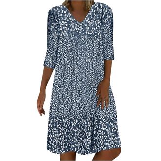 Generic 3/4 Sleeve Floral Printed Dress for Women 2026 Summer Casual V Neck Loose Floral Knee Length Boho Beach Midi Dresses Blue
