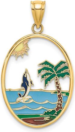 Diamond2Deal 14k Yellow Gold Enamel Dolphin Jumping In Beach Scene Charm