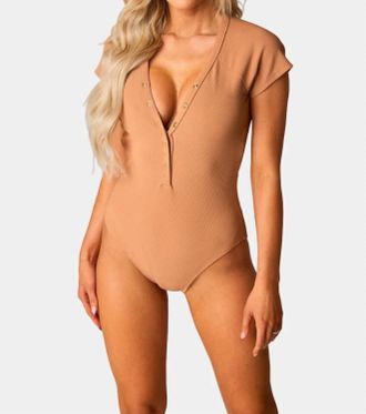 BuddyLove Mona Short Sleeve One-Piece Swimsuit In Tan