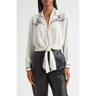 Cinq &agrave; Sept Marianna Embellished Tie Front Shirt in Ivory/black at Nordstrom Rack, Size X-Large