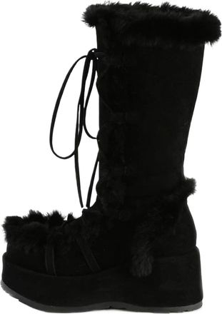 Generic Round Toe Sloping Heel Lace Up Snow Boots Hairy Lace Up Thick Heel High Gothic Thick Soled Boots(Black,US11)
