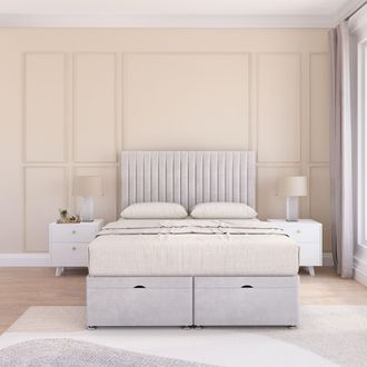 Sloomy Manhattan Plush Fabric Ottoman Bed End Opening With Sprung Memory Mattress & 54 Inch Floorstanding Headboard in Silver | Size: Small Double