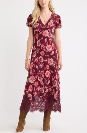 Treasure & Bond Lace Trim Bias Cut Midi Dress in Burgundy Ornate Floral at Nordstrom, Size Xx-Large