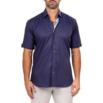Maceoo Galileo Marty Short Sleeve Cotton Button-Up Shirt in Blue at Nordstrom, Size 4
