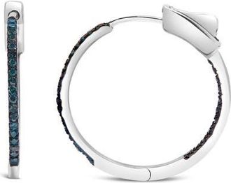 House of Brilliance Silver 1/3 Cttw Inside Out Blue Treated Diamond 1MM Wide Hoop Earrings in White at Nordstrom