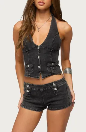 Edikted Sashe Denim Halter Top in Black-Washed at Nordstrom, Size X-Large