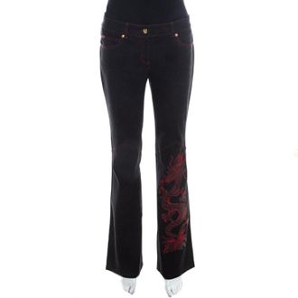 Escada Black Stretch Denim Dragon Embroidered Flared Jeans