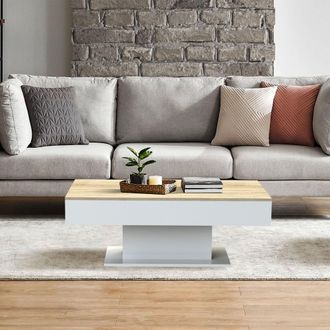 ML Design Ml-design Mesa De Centro Baja Con 2 Compartimentos De Almacenaje 110 X 60 X 40 Cm Tablero Elevable Blanco Con Aspecto Madera De Roble Tablero De Part&iacute;