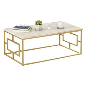 Dmora Dmora - Mesa De Caf&eacute; Cygnus, Mesa De Centro Baja, Revistero Para Sof&aacute;, Estante De La Sala De Estar, 100x60h40 Cm, M&aacute;rmol Blanco Y Oro, Con Embalaje Re