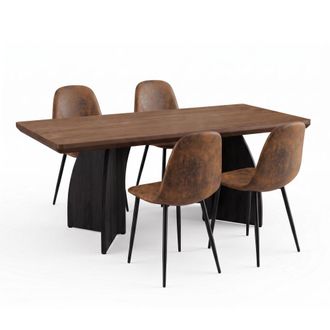 Urban Meuble Conjunto mesa rectangular 160 cm y 6 sillas marr&oacute;n efecto cuero