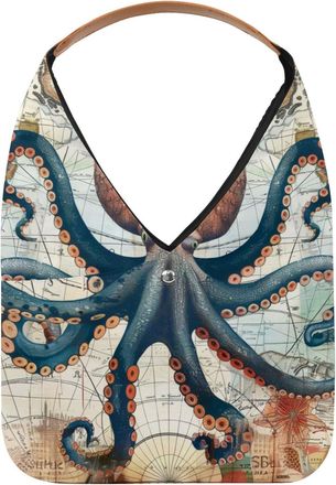 Generic Retro Map and Octopus Reusable Lightweight Grocery Bags - Foldable Into Compact Pouch, Washable & Sturdy, Multipurpose for Shopping and Travel