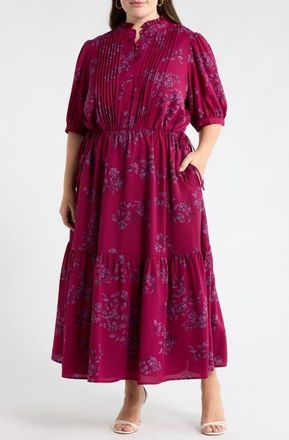 Sugarlips Zurum Floral Print Pintuck Pleat Dress in Magenta-Mult at Nordstrom, Size 1X