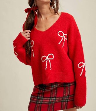 Wishlist Elana Bow Embellished Sweater In Red White Knit