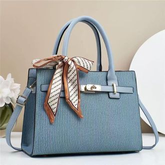 Generic Womens Light Luxury Textured Handbag with Decorative Scarf, Structured Tote Bag with Metal Hardware (Light blue)