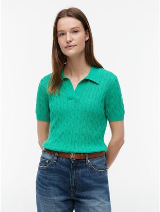 Tommy Hilfiger Womens Short-Sleeve Cable Knit Sweater Polo - Green - XXL
