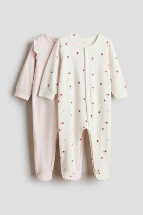 H&M 2-pack Cotton Sleepsuits in Light Pink/strawberries at Nordstrom, Size Newborn