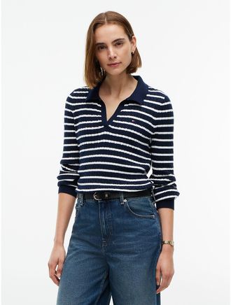 Tommy Hilfiger Womens Slim Fit Cable Knit Sweater Polo - Navy Stripe - XXS
