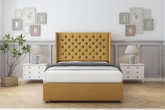 Comfort Beds Selena Plush Divan Set No Drawers-54 Wingback in Mustard | Size: Super King
