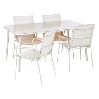 Beliani Conjunto De Comedor Exterior 4 Plazas Estructura Acero Tablero Vidrio Templado Asiento Malla Resistente Rayos Uv Agua Beige Claro Caravino