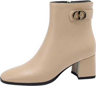 Generic Womens Fashion Square Toe Faux Leather Ankle Boots Block Heels Metal Buckle Detail Comfortable Anti-Slip Wear-Resistant For Office Daily Commute Casua