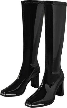 Generic Women Knee High Patent Leather Boots Square Toe Back Zip Winter Outdoor Work Casual Boot
