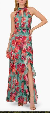 Adrianna Papell Printed Mermaid Dress In Turq Multi