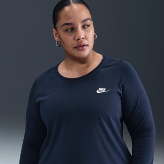 Nike Womens Nike Sportswear Club Long-Sleeve T-Shirt (Plus Size) in Blue | HM9505-452
