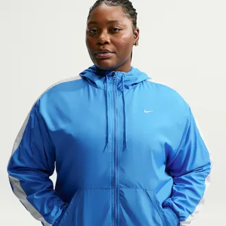 Nike Womens Nike Sportswear Classic Wovens Loose UV Hooded Jacket (Plus Size) in Blue | FV6300-435