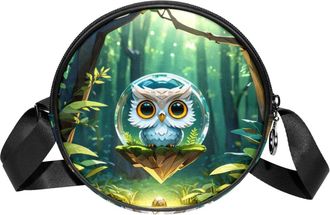 Generic Circle Crossbody Bag for Women, Owl Crystal Ball Small Sling Bag Daypack with Zipper Adjustable Shoulder Straps Casual Ladies Girls Round Purse