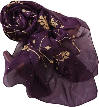 Generic Women Embroidered Chiffon Scarf Hijabs Turban Shawls Scarves Head Scarf Headwraps Muslim Turban 6 Deep Purple