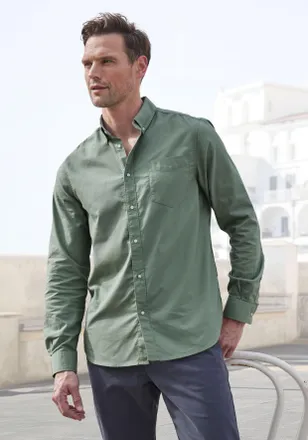 H.I.S Langarmhemd H.I.S regular-fit, Herren, Gr. XXL (45/46), N-Gr, gr&uuml;n (salbei), Web, Obermaterial: 100% Baumwolle, unifarben, regular fit, Rundhals, 2-Kn