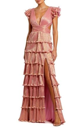 Mac Duggal Ruffle Tiered Criss Cross Lace Up Gown in Coral at Nordstrom, Size 14