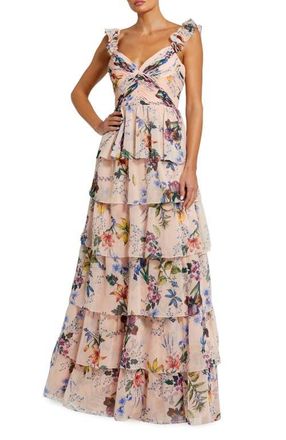 Mac Duggal Womens Ruffle Sleeveless Chiffon Tiered Floral Print Gown in Pink Multi at Nordstrom, Size 14