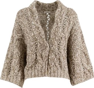 Brunello Cucinelli Dazzling Cable Knit Cardigan - Dames - Vesten - Beige - XS - Wol - Truien & Vesten