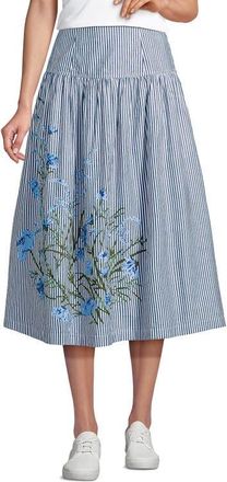 Lands End Poplin Drop Waist Midi Skirt in Navy Striped Placed Floral at Nordstrom, Size 10